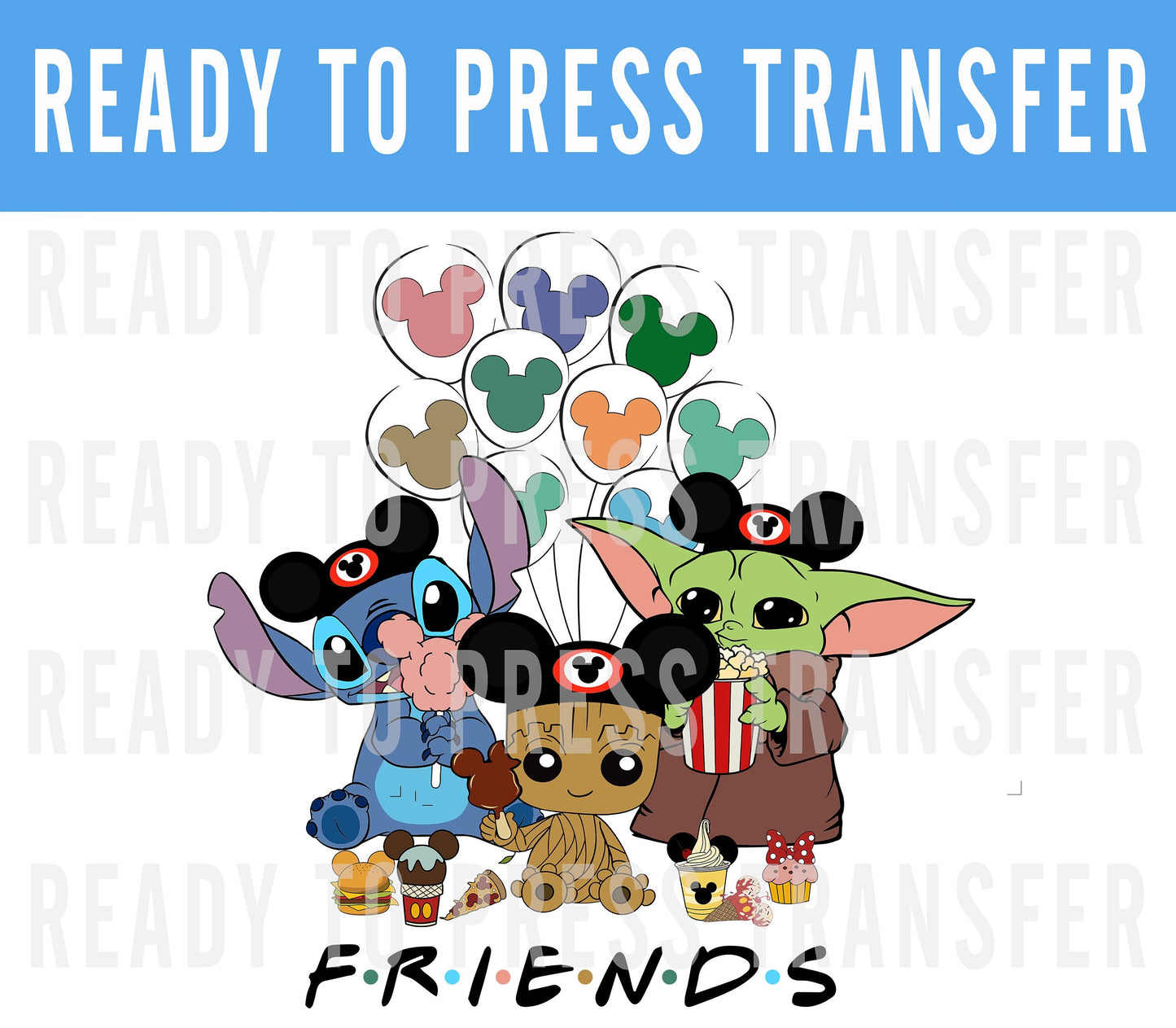 Groot Stitch Yoda Friends Ready To Press Iron On Decal DTF Transfer For DIY Shirts To Make At Home - Yoda Shirts - Disney Shirts