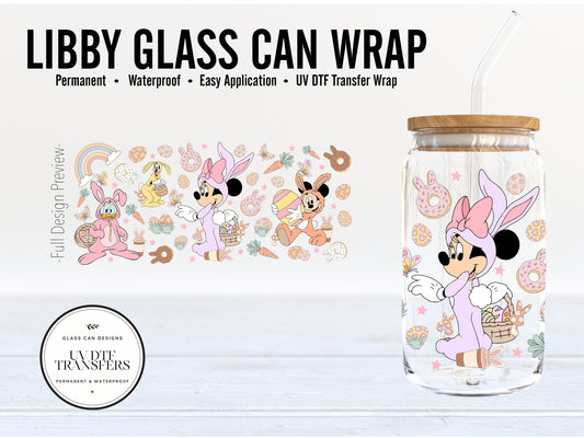 Easter Disney Minnie Mickey Donald Libby Glass Can Wrap - Full Cup Wrap 16oz. Glass Can | Permanent Adhesive UV DTF Vinyl | Ready to Apply