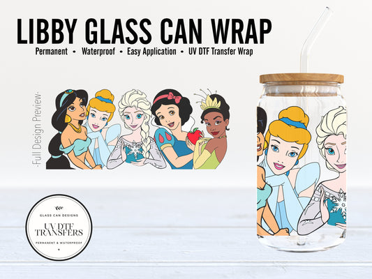 Disney Princess Libby Glass Can Wrap - Full Cup Wrap 16oz. Glass Can | Permanent Adhesive UV DTF Vinyl | Ready to Apply