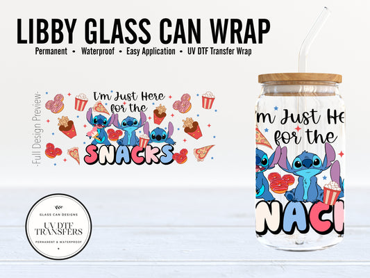 Disney Stitch Here For Snacks Libby Glass Can Wrap - Full Cup Wrap 16oz. Glass Can | Permanent Adhesive UV DTF Vinyl | Ready to Apply