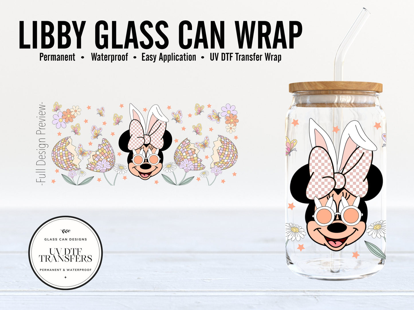 Disney Easter Minnie Mouse Checkered Libby Glass Can Wrap - Full Cup Wrap 16oz. Glass Can | Permanent Adhesive UV DTF Vinyl | Ready to Apply