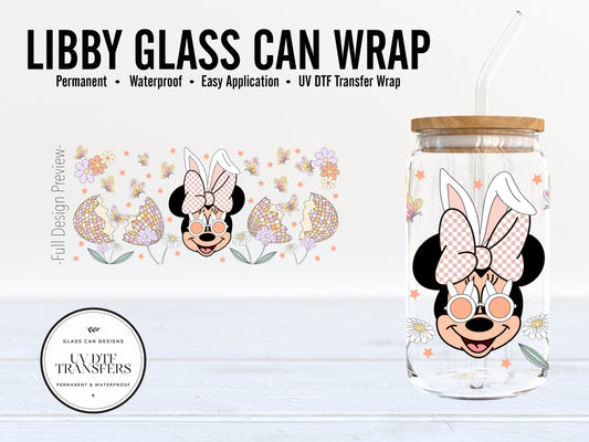 Disney Easter Minnie Mouse Checkered Libby Glass Can Wrap - Full Cup Wrap 16oz. Glass Can | Permanent Adhesive UV DTF Vinyl | Ready to Apply