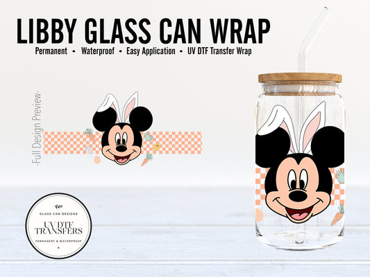 Disney Easter Mickey Mouse Checkered Libby Glass Can Wrap - Full Cup Wrap 16oz. Glass Can | Permanent Adhesive UV DTF Vinyl | Ready to Apply