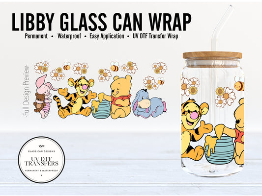 Easter Disney Winnie The Pooh Libby Glass Can Wrap - Full Cup Wrap 16oz. Glass Can | Permanent Adhesive UV DTF Vinyl | Ready to Apply