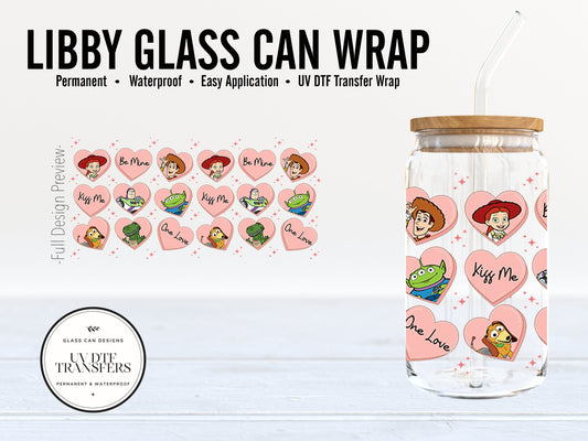 Disney Toy Story Valentines Heart Libby Glass Can Wrap - Full Cup Wrap 16oz. Glass Can | Permanent Adhesive UV DTF Vinyl | Ready to Apply