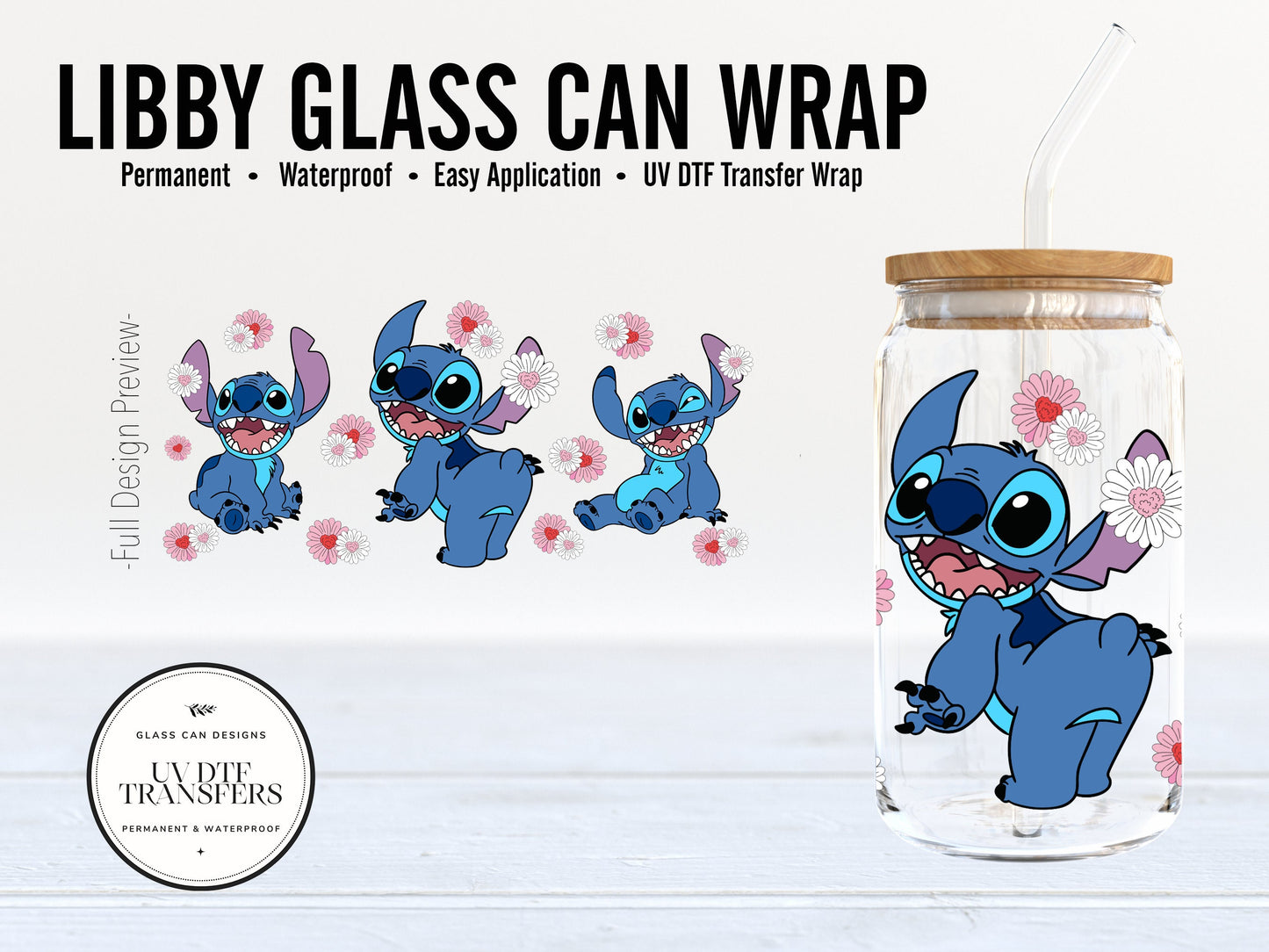 Disney Stitch Easter Flowers Libby Glass Can Wrap UV Dtf Vinyl Cup Wrap 16oz. Glass Can | Permanent Adhesive UV DTF Vinyl | Ready to Apply