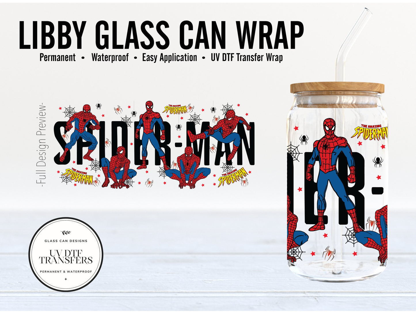 Spiderman Inspired Libby Glass Cup Wrap for 16oz. Glass Can | Permanent Adhesive UV DTF Vinyl | Ready to Apply | Libbey Glass Wrap