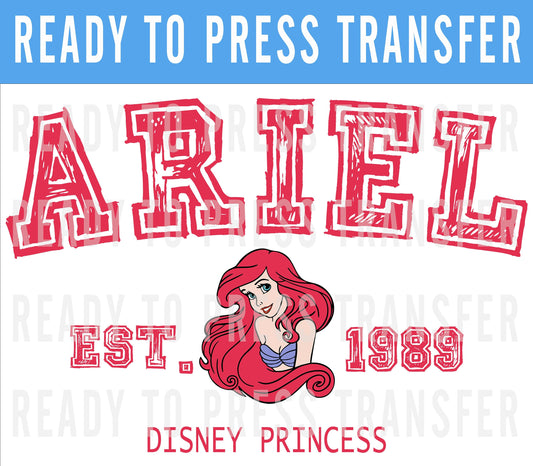 Princess University Disney Transfer - Ready To Press - Transfers For Shirts - Princess Disney DTF Transfer - DTF Decal - Ariel Iron On Decal